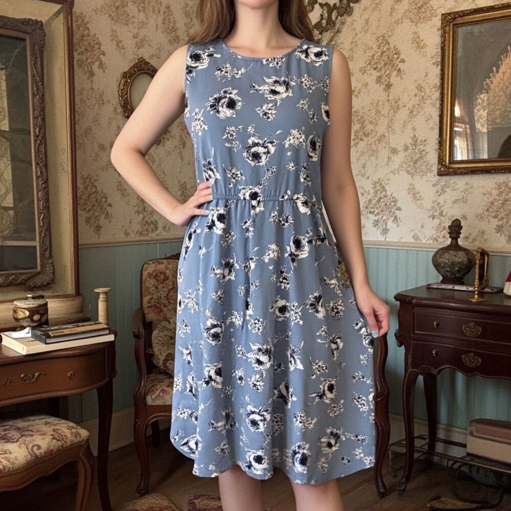 Vintage S.L. Petites Chic Chambray Floral Print Knee Length Dress Size 14 - Picture 1 of 15